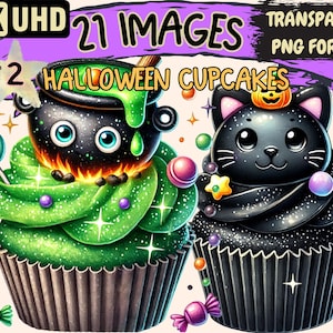 Halloween Cupcakes (P2) Clipart - 21 PNG Spooky Dessert Illustrations, Festive Art, Instant Digital Download,Unlimited Commercial Use Crafts