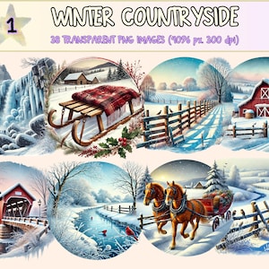 Winter Countryside Clipart - 38 PNG Snowy Landscape Graphics, Rustic Village Illustrations, Instant Digital Download, Commercial Use