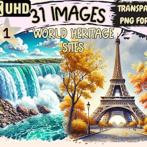 World Heritage Sites Clipart - 31 PNG Iconic Landmark Illustrations, Natural Wonders Art, Instant Digital Download, Unlimited Commercial Use