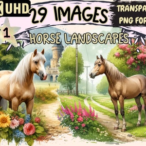 Horse Landscapes Clipart - 29 PNG Majestic Horse Graphics, Scenic Printables, Instant Digital Download, Unlimited Commercial Use for Crafts
