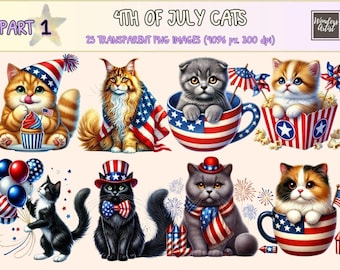 4th of July Cats Clipart – Patriotic Kitten PNG Graphics (Digital Download)
