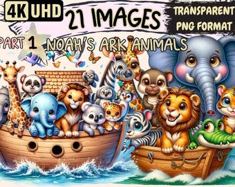 Noah's Ark Animals Clipart – Adorable PNG Graphics, Commercial Use (Digital Download)