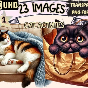 Cat Activities Clipart - 23 PNG Playful Cat Graphics, Fun Kitty Printables, Instant Digital Download, Unlimited Commercial Use for Crafts