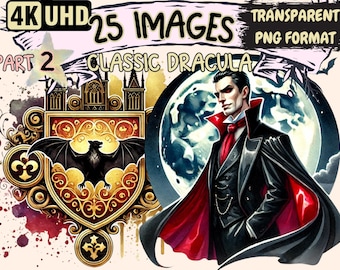 Clipart Dracula vintage – 25 illustrations PNG de vampires d'horreur gothiques (téléchargement numérique)