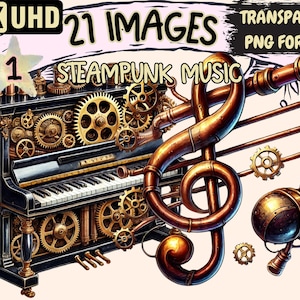 Steampunk Music Clipart - 21 PNG Vintage Instrument Illustrations, Mechanical Music Art, Instant Digital Download, Unlimited Commercial Use