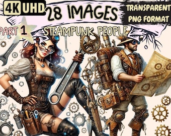 Steampunk People Clipart – 28 Vintage Character PNG Illustrations (Digital Download)