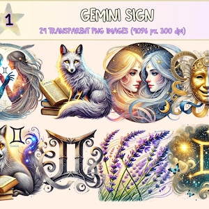 Gemini Sign Clipart - 24 PNG Zodiac Symbol Graphics, Astrology Illustrations, Celestial Printables, Instant Digital Download, Commercial Use
