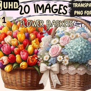 Flower Baskets Clipart - 20 PNG Charming Basket Graphics, Floral Printables, Instant Digital Download, Unlimited Commercial Use for Crafts