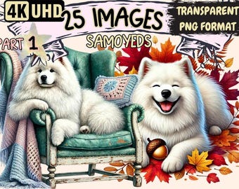 Samoyed Dog Clipart – 25 PNG Puppy Graphics, Commercial Use (Digital Download)
