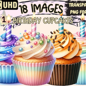 Birthday Cupcakes Clipart - 18 PNG Festive Cupcake Graphics, Celebration Printables, Instant Digital Download,Unlimited Commercial Use Craft