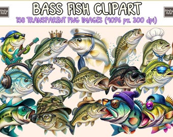 Bass Fish Clipart - 158 PNG Fishing & Freshwater Bass Graphics, Angler Printables, Instant Digital Download, Unlimited Commercial Use