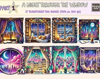 Night Window Clipart – Dreamy Moonlit PNG Graphics (Digital Download)