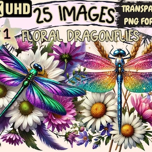 Floral Dragonflies Clipart - 25 PNG Flower Dragonfly Illustrations, Nature Art, Instant Digital Download, Unlimited Commercial Use Crafts