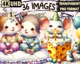 Mice Clipart - 36 PNG Playful Mouse Graphics, Colorful Cute Mouses Rodent Printables, Instant Digital Download, Unlimited Commercial Use
