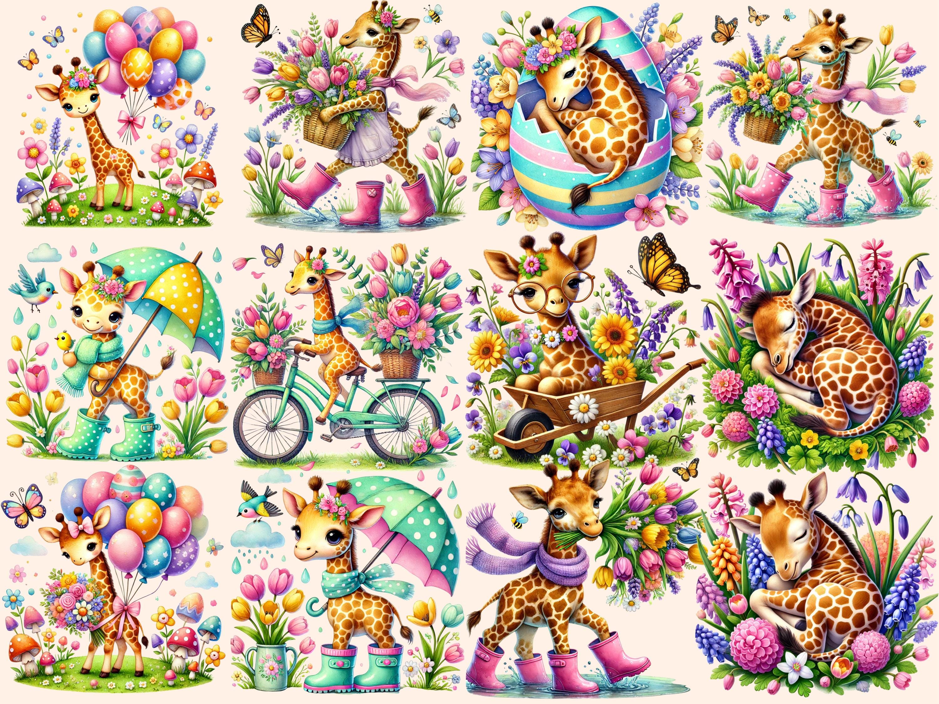 Spring Giraffe Spring Giraffe Clipart – Floral Giraffe Illustrations (digital Download ...