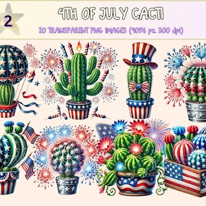 4th of July Cacti (P2) Clipart - 20 PNG Patriotic Cactus Graphics, Red White Blue Succulent Images, Instant Digital Download, Commercial Use