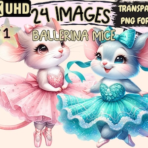 Ballerina Mice Clipart - 24 PNG Adorable Mouse Graphics, Ballet Printables, Instant Digital Download, Unlimited Commercial Use for Crafts