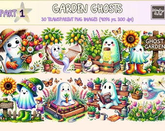 Garden Ghosts Clipart – Whimsical Floral PNG Graphics (Digital Download)
