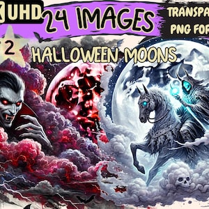 Halloween Moons (P2) Clipart - 24 PNG Spooky Moon Graphics, Witchy Moon Printables, Instant Digital Download, Unlimited Commercial Use Craft