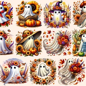 Pu&ograve; includere: Un set di dieci illustrazioni digitali che presentano un fantasma amichevole in varie ambientazioni autunnali. Ogni fantasma &egrave; vestito con un costume diverso, come un cappello da strega, una salopette da contadino e una corona di girasole. Gli sfondi includono zucche, girasoli e foglie autunnali.