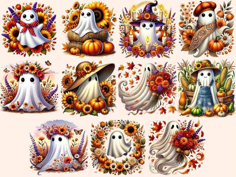 Pu&ograve; includere: Un set di dieci illustrazioni digitali che presentano un fantasma amichevole in varie ambientazioni autunnali. Ogni fantasma &egrave; vestito con un costume diverso, come un cappello da strega, una salopette da contadino e una corona di girasole. Gli sfondi includono zucche, girasoli e foglie autunnali.