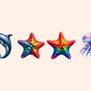 May include: A blue dolphin jumps out of the water, next to two rainbow starfish and a purple jellyfish with long tentacles.
