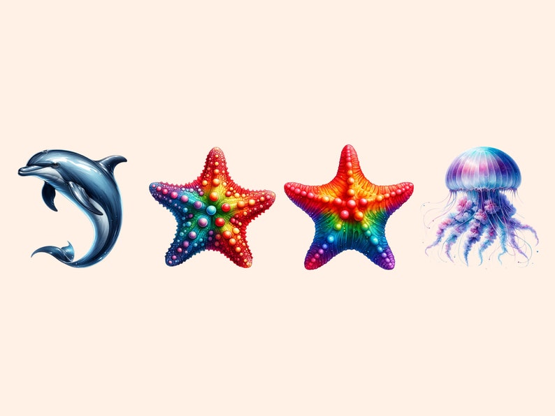 May include: A blue dolphin jumps out of the water, next to two rainbow starfish and a purple jellyfish with long tentacles.