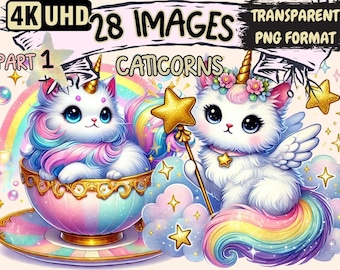 Caticorn Clipart – 28 PNG Magical Cat Unicorn Graphics (Digital Download)