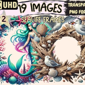 May include: A digital illustration of a mermaid with long green and pink hair, a blue tail, and a seashell crown. She is surrounded by driftwood, seashells, starfish, and seagulls. The image is part of a set of 19 images, all in PNG format.