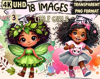May include: Two digital illustrations of young girls. The first girl has brown skin, curly black hair, and is wearing a green fairy costume with wings. The second girl has brown skin, curly black hair, and is wearing a pink shirt, a gray skirt, and pink sneakers. Both girls are smiling.