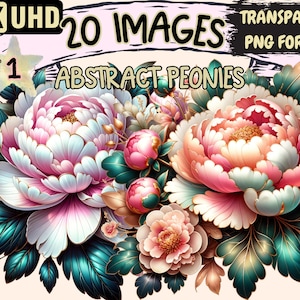 Abstract Peonies Clipart - 20 PNG Artistic Peony Graphics, Floral Printables, Instant Digital Download, Unlimited Commercial Use for Crafts