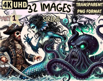 Sirens Clipart – 32 Mythical Sea Creature PNG Illustrations (Digital Download)