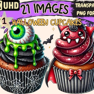 Halloween Cupcakes Clipart - 21 PNG Spooky Dessert Illustrations, Festive Art, Instant Digital Download, Unlimited Commercial Use for Crafts