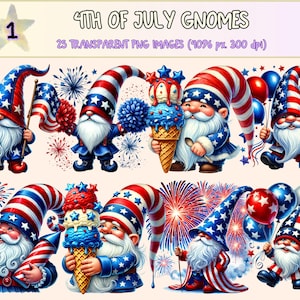 4th of July Gnomes (P1) Clipart - 25 PNG Patriotic Gnome Graphics, Red White Blue Illustrations, Instant Digital Download, Commercial Use
