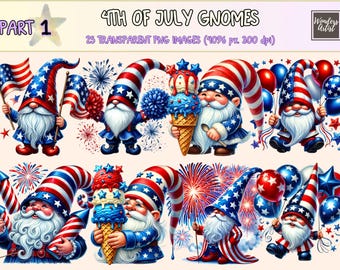 4th of July Gnomes Clipart – Patriotic PNG Graphics (Commercial Use)