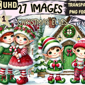 Christmas Elves Clipart - 27 PNG Festive Elf Graphics, Holiday Printables, Instant Digital Download, Unlimited Commercial Use Crafts Designs