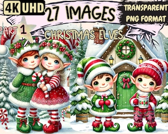 Christmas Elves Clipart - 27 PNG Festive Elf Graphics, Holiday Printables, Instant Digital Download, Unlimited Commercial Use Crafts Designs