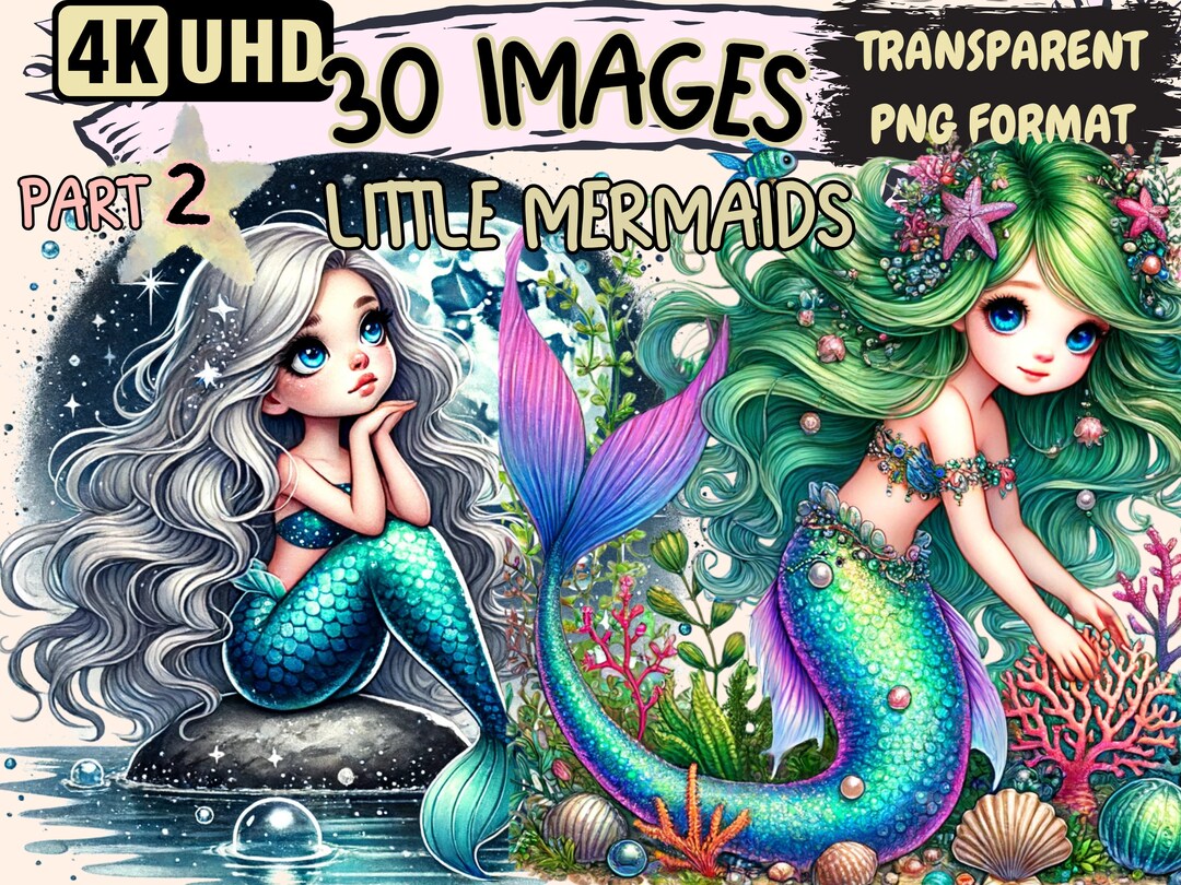 Little Mermaids (P2) Clipart - 30 PNG Adorable Mermaid Graphics, Ocean ...