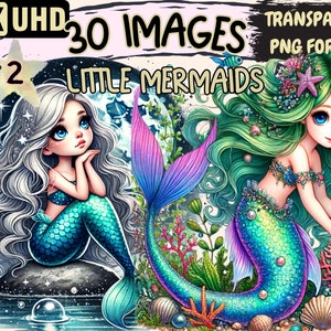 Little Mermaids (P2) Clipart - 30 PNG Adorable Mermaid Graphics, Ocean Printables, Instant Digital Download, Unlimited Commercial Use Crafts