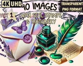 Wax Seal Stamps Clipart – 40 PNG Vintage Writing Illustrations (Digital Download)