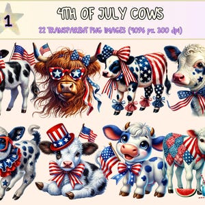 4th of July Cows Clipart - 22 PNG Patriotic Calf Graphics, Red White Blue Cow Illustrations, Instant Digital Download, Commercial Use