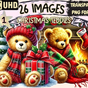 Christmas Teddies Clipart - 26 PNG Festive Teddy Bear Illustrations, Holiday-Themed Art, Instant Digital Download, Unlimited Commercial Use