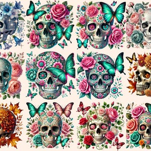 May include: A set of nine colorful sugar skulls with floral and butterfly designs. Each skull is decorated with intricate patterns and vibrant colors, including pink, blue, green, and yellow. The skulls are surrounded by flowers and butterflies, creating a festive and whimsical scene.