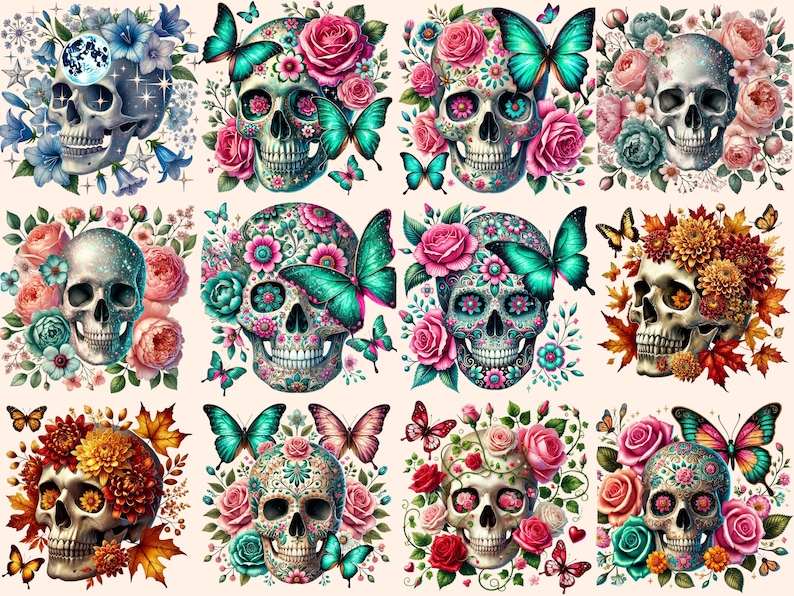 May include: A set of nine colorful sugar skulls with floral and butterfly designs. Each skull is decorated with intricate patterns and vibrant colors, including pink, blue, green, and yellow. The skulls are surrounded by flowers and butterflies, creating a festive and whimsical scene.