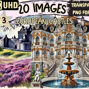 European Castles (P3) Clipart - 20 PNG Historic Graphics, Medieval Fortress Printables, Instant Digital Download, Unlimited Commercial Use
