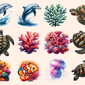 May include: A set of colorful illustrations featuring various marine life, including dolphins, sea turtles, coral, jellyfish, and clownfish. The illustrations are perfect for adding a touch of ocean charm to any project.