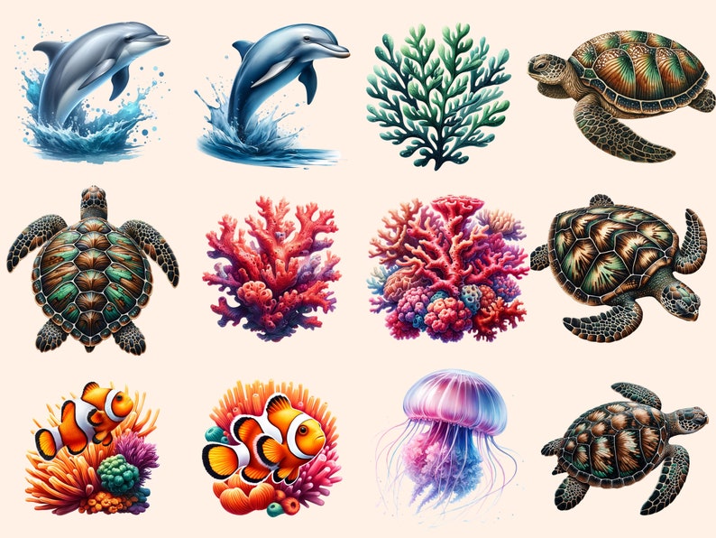 May include: A set of colorful illustrations featuring various marine life, including dolphins, sea turtles, coral, jellyfish, and clownfish. The illustrations are perfect for adding a touch of ocean charm to any project.