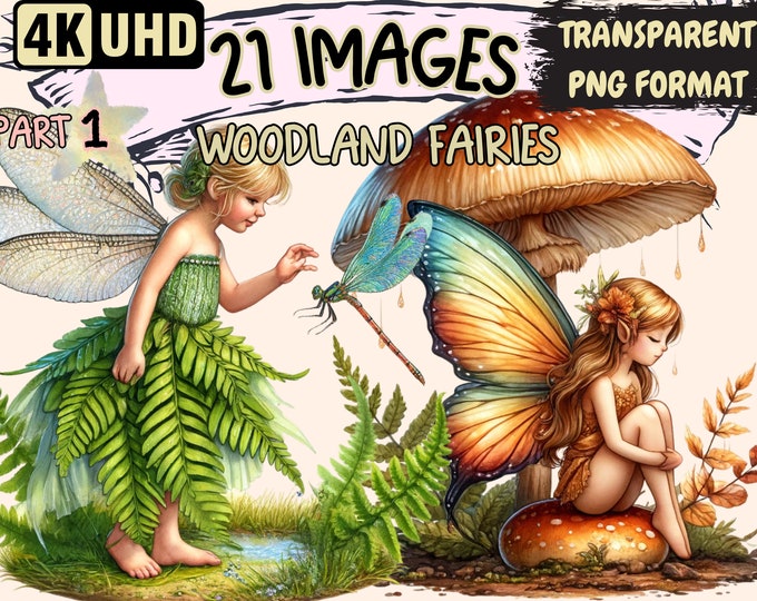 Woodland Fairies Clipart - 21 PNG Forest Fairy Graphics, Fairytale Nature Printables, Instant Digital Download, Unlimited Commercial Use