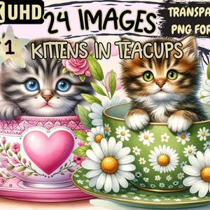 Kittens in Teacups Clipart – 24 PNG Graphics, Commercial Use (Digital Download)