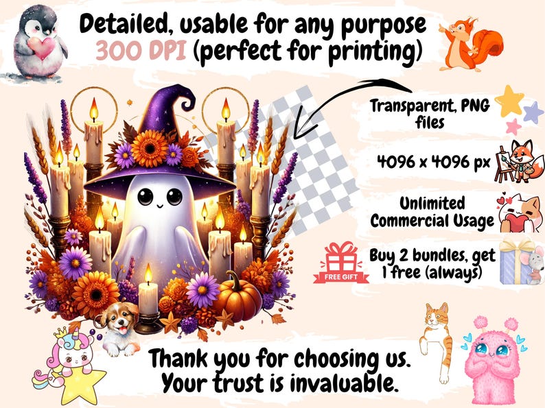 Pu&ograve; includere: Un'illustrazione digitale di un fantasma che indossa un cappello da strega adornato con fiori viola e arancioni. Il fantasma &egrave; circondato da candele accese e una zucca. L'immagine &egrave; di 4096 x 4096 pixel ed &egrave; disponibile come file PNG trasparente.